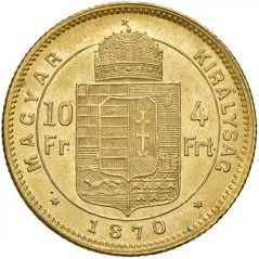 Hungary 4 florin / 10 francs reverse, 1870–1892