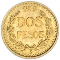 Mexico gold 2 pesos (DOS PESOS) reverse, 1919–1948