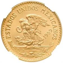 Mexico gold 20 pesos (VEINTE PESOS) reverse, 1917–1959
