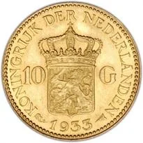Netherlands 10 guilders gold reverse, 1875–1933