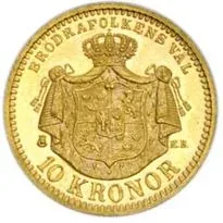 Sweden 10 kronor gold reverse, 1873–1901