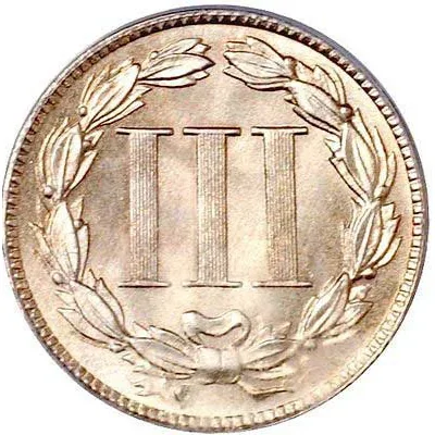 Nickel three-cent piece reverse, 1865–1889