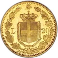 Italy Gold 20 Lire (1861-1927) reverse, 1861–1927