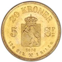 Norway Gold 20 Kronor (1874-1910) reverse, 1874–1910