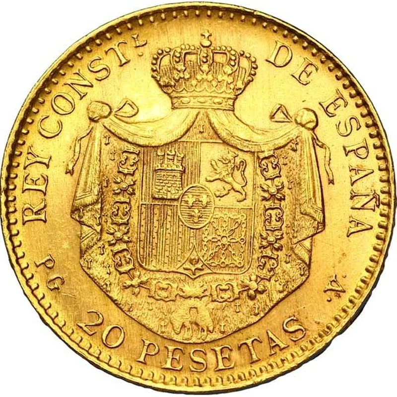 Spain Gold 20 Peseta Alfonso XIII (1889-1893) reverse, 1889–1893